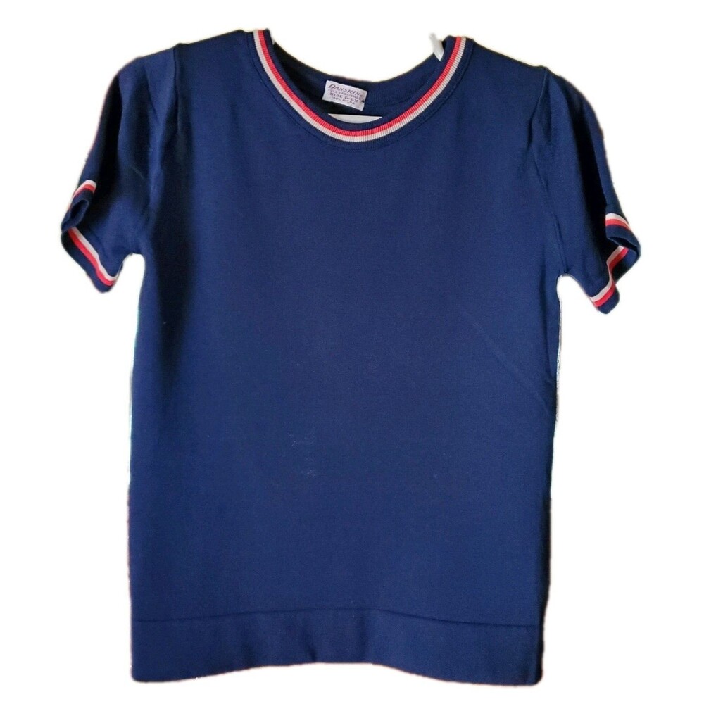 Vtg Danskin Kids 6-6X Unisex Nylon Crew Shirt Navy Patriotic Striped Ribbed Tee
